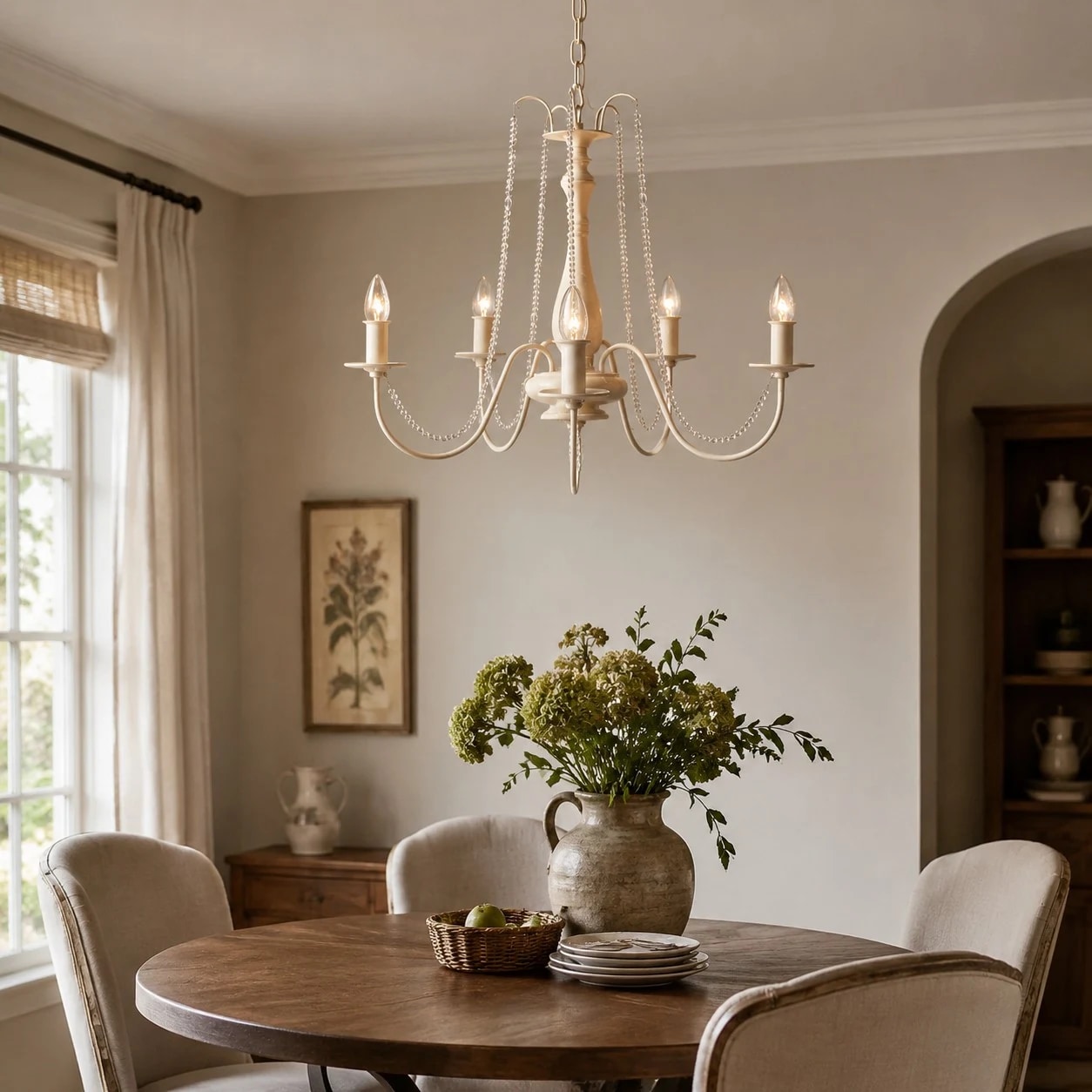 Vintage French crystal candle chandelier above a dining table