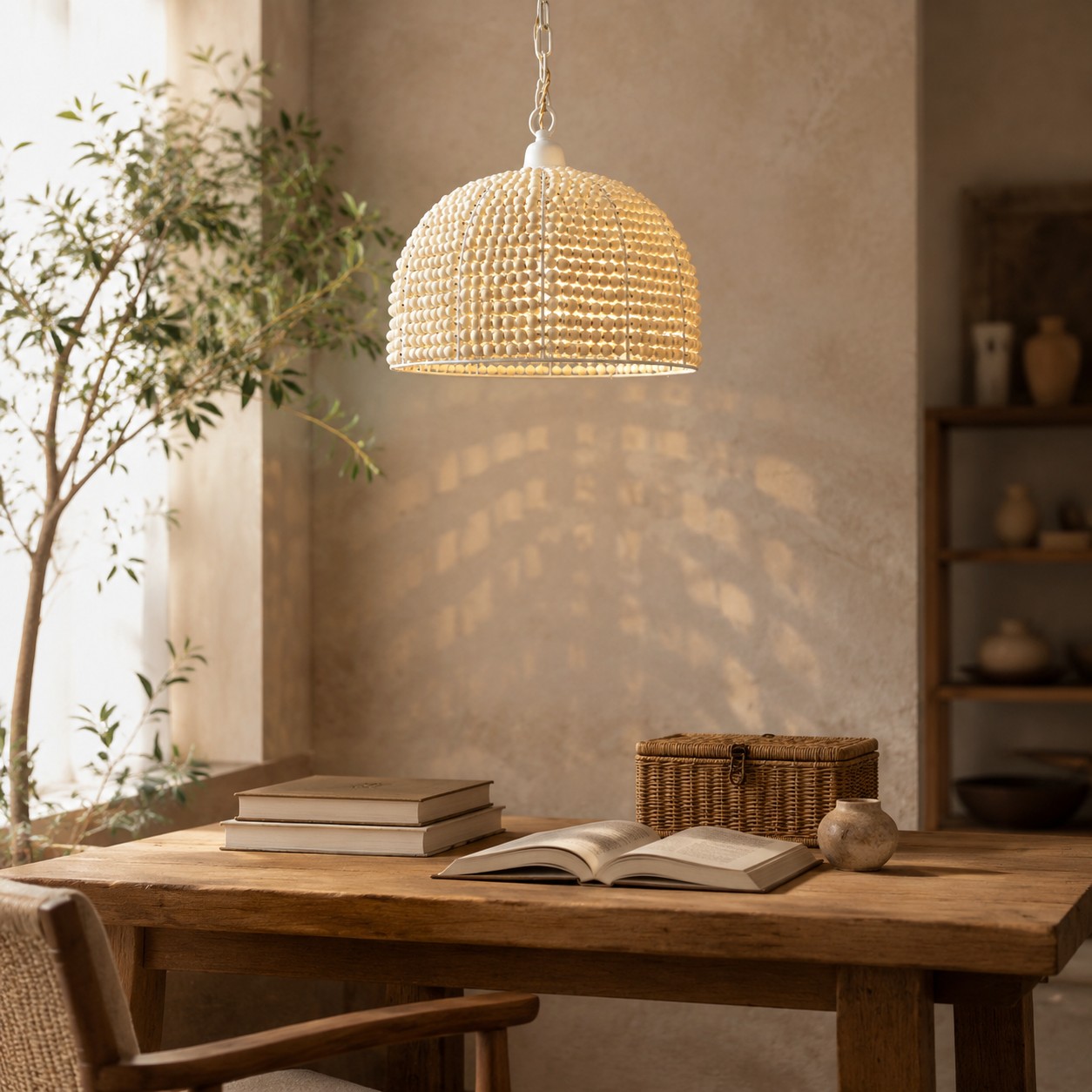 Wood bead dome pendant light in a quiet study corner