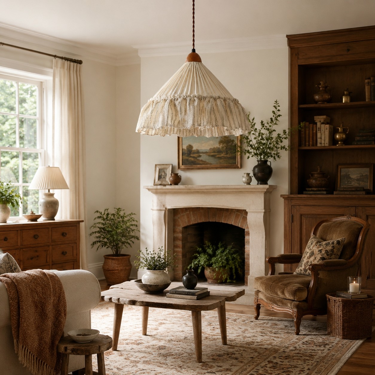Fabric pendant lighting a styled console