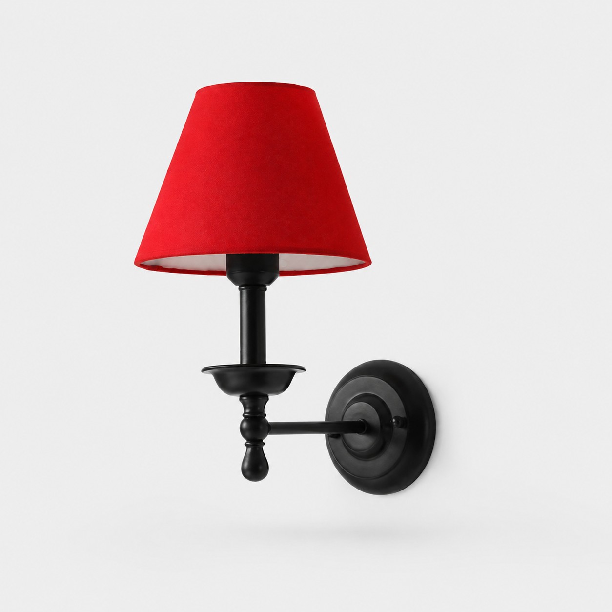 Conical shade wall sconce with wrought iron lamp stand in washed red shade