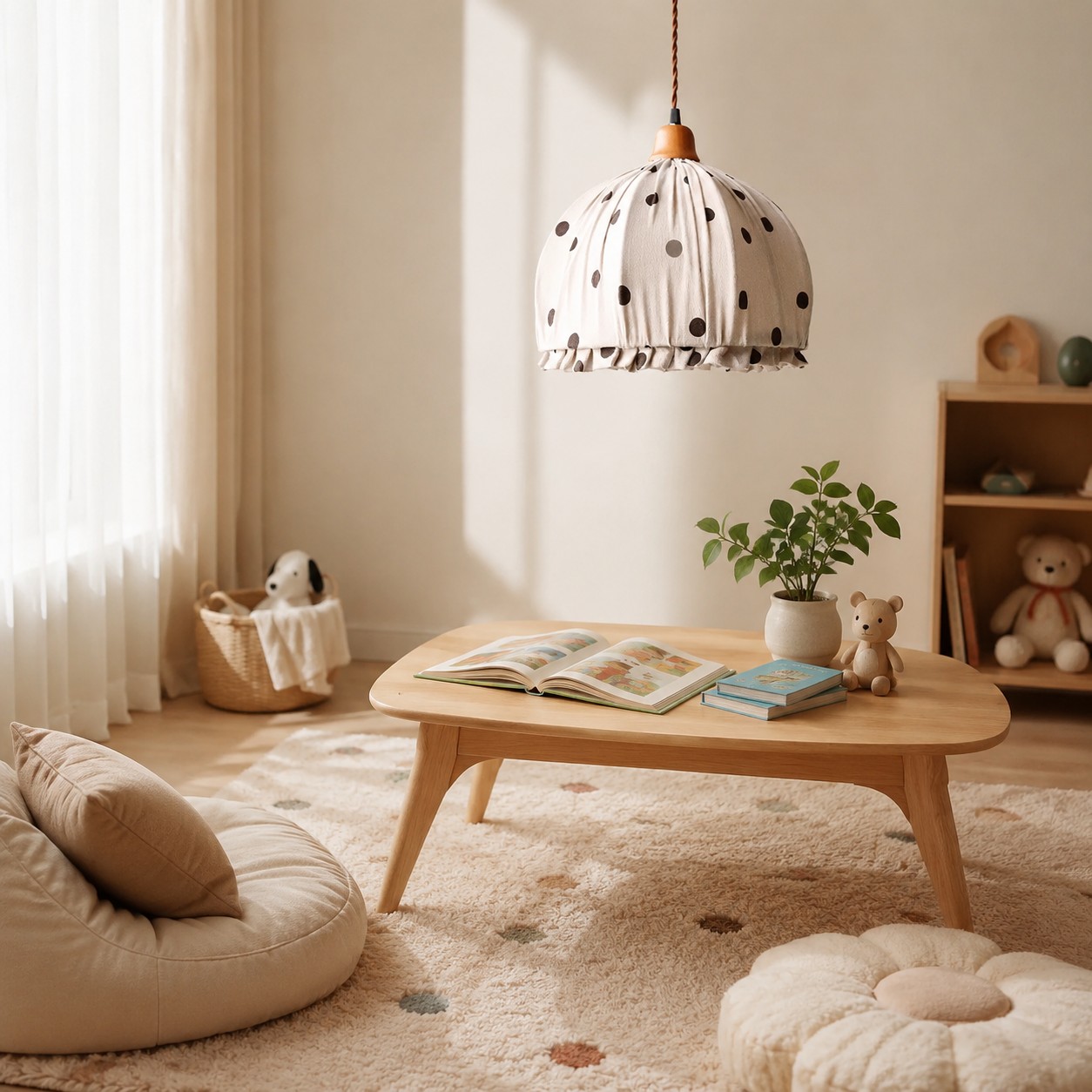 Ruched fabric pendant light side detail view