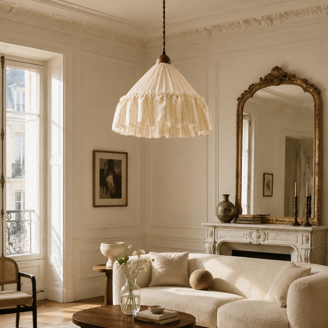 Ruffled fabric pendant in a classic living room