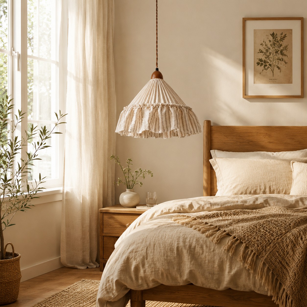 Green stripe ruffled fabric pendant light