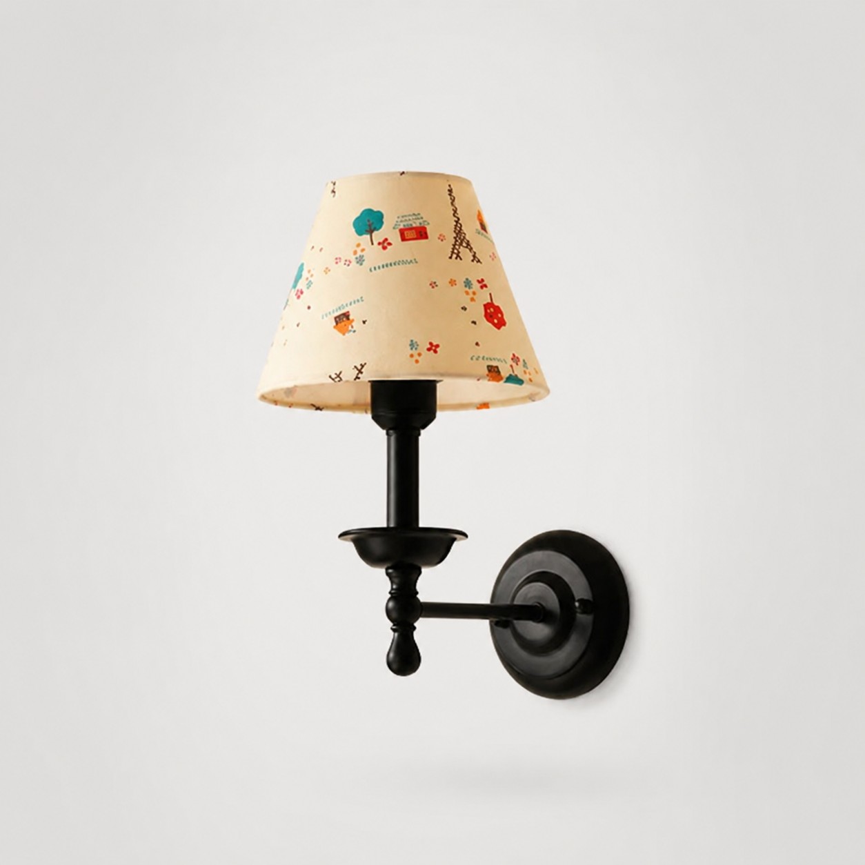 Conical shade wall sconce with wrought iron lamp stand in city print shade
