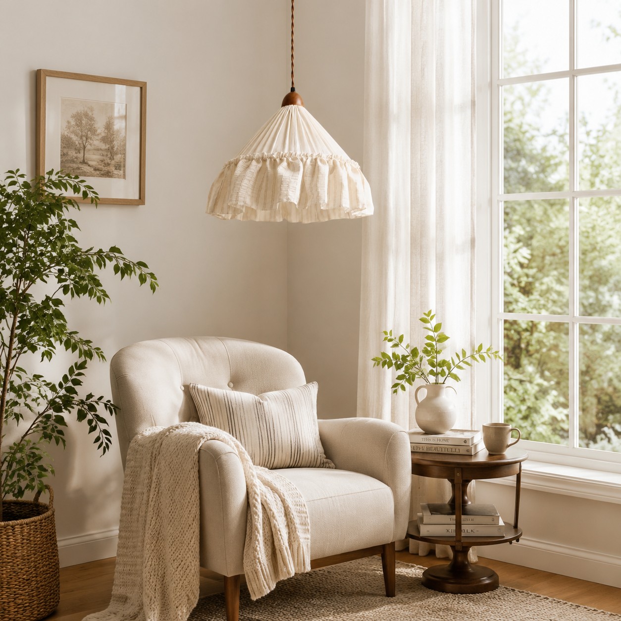 Fabric pendant installed in a warm country living room