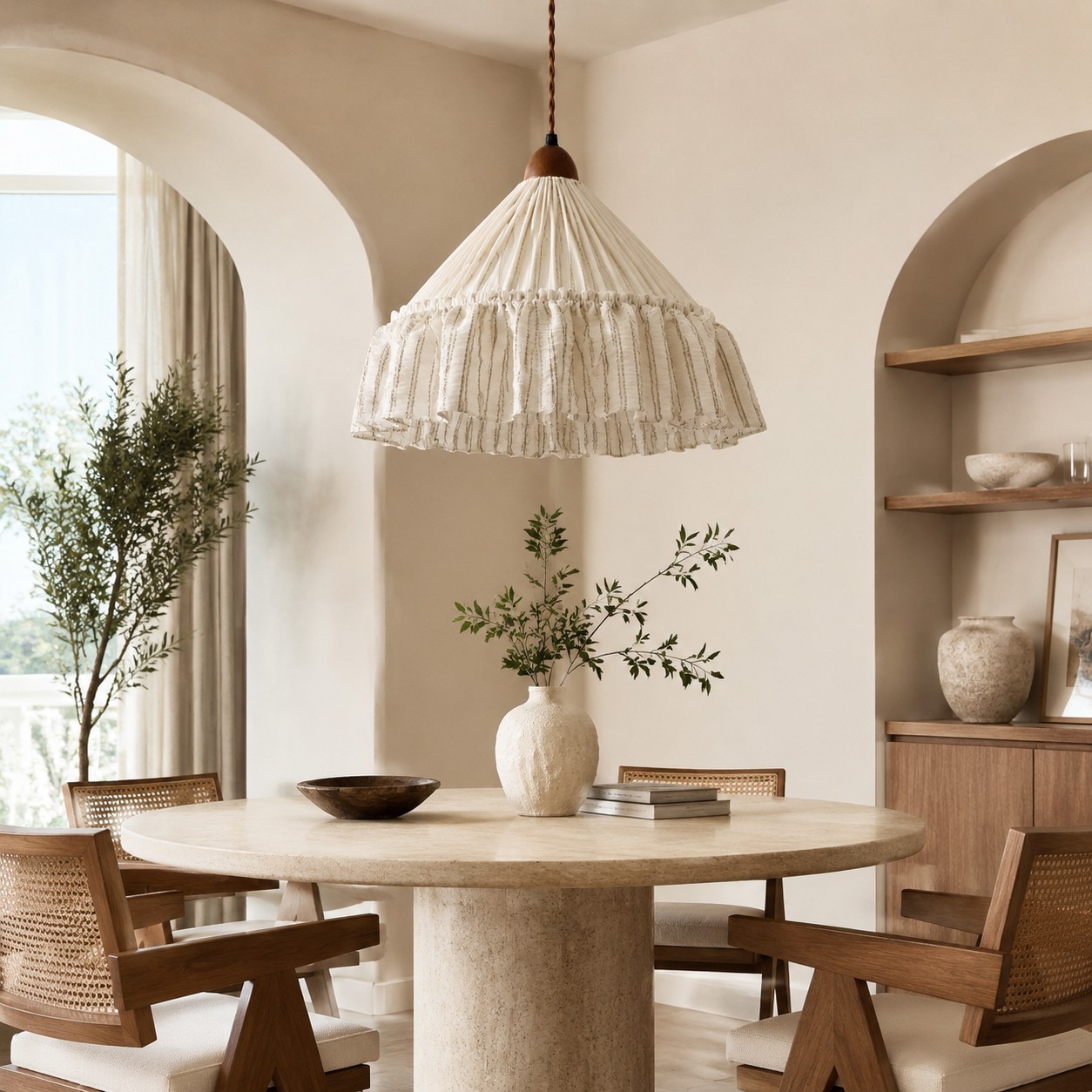 Ruffled pendant in a coastal dining room