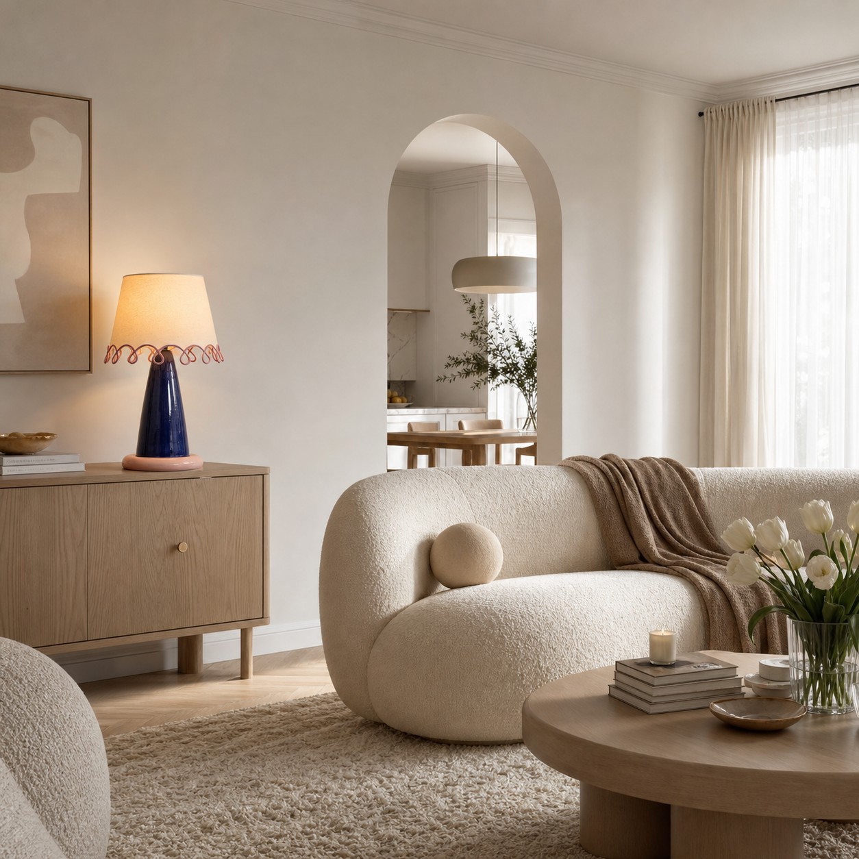 Sculptural ceramic table lamp on a sideboard in a neutral living room