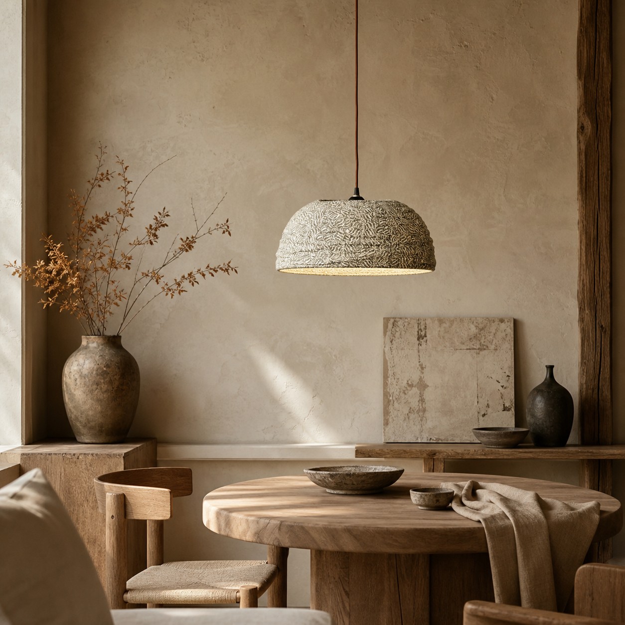 Green botanical pendant lamp above a round dining table