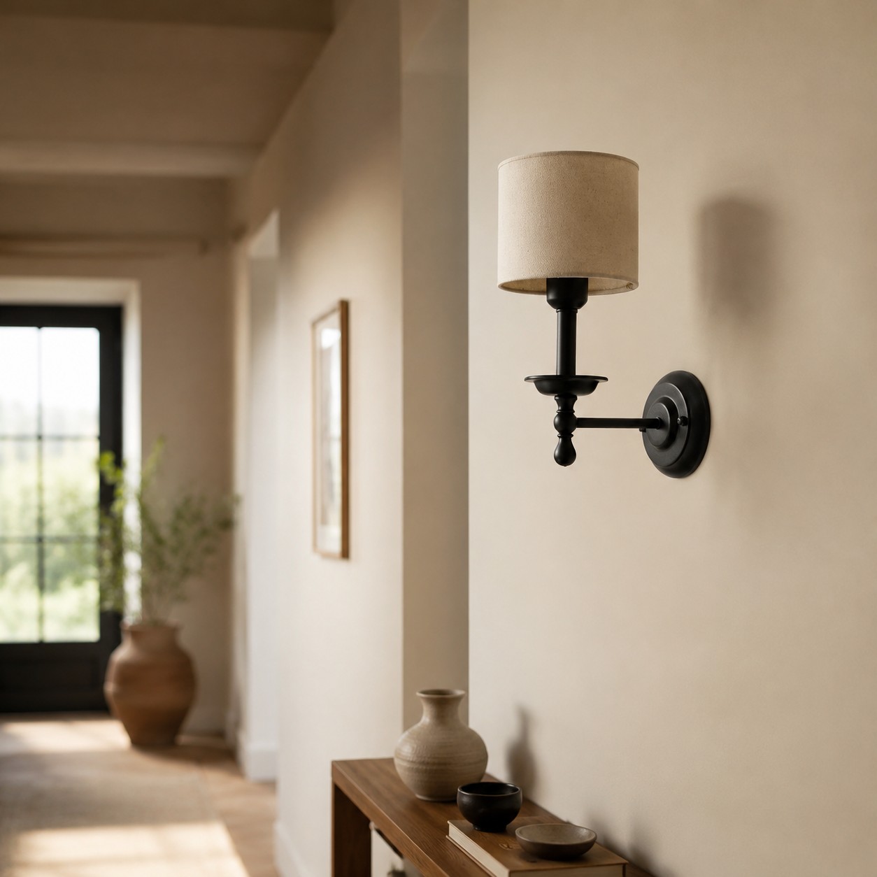 Vintage fabric shade wall sconce installed in a hallway