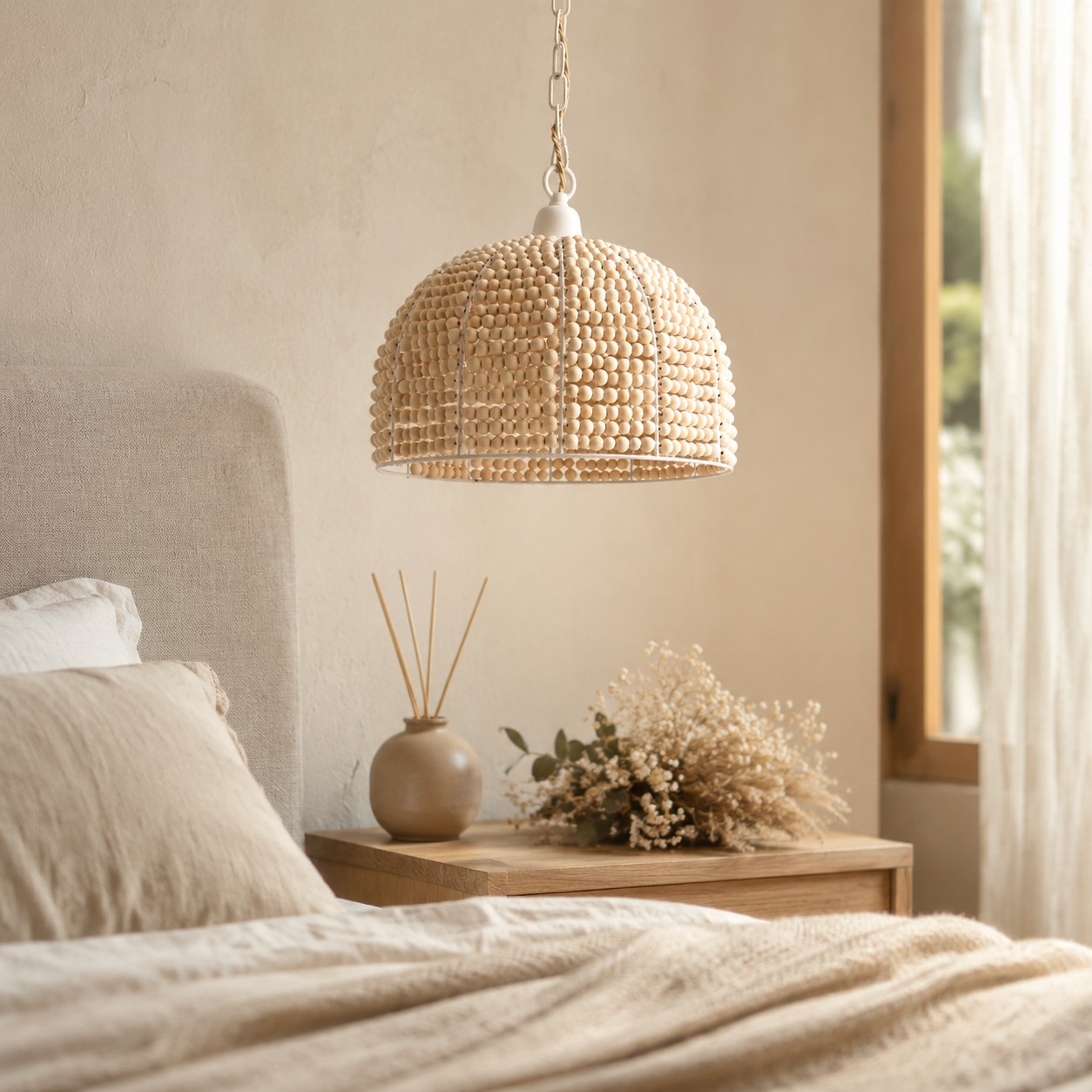 Wood bead pendant light styled in a calm bedroom