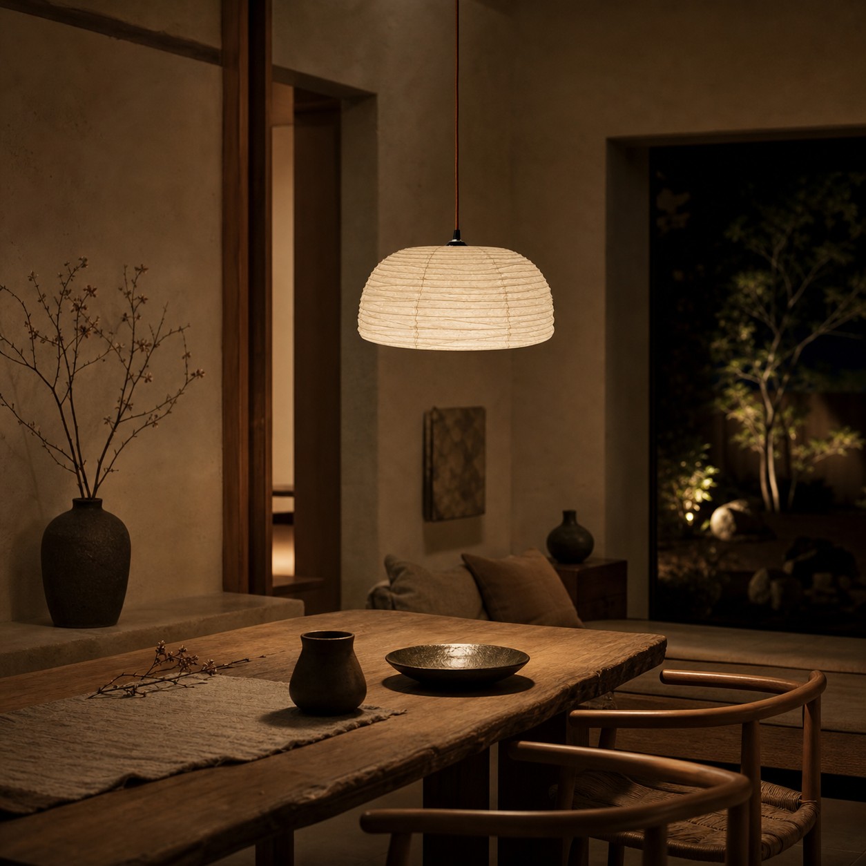 Ivory fabric pendant lamp above a dining table at night