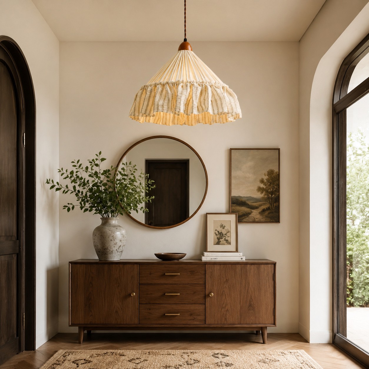 Ruffled pendant in a warm entryway