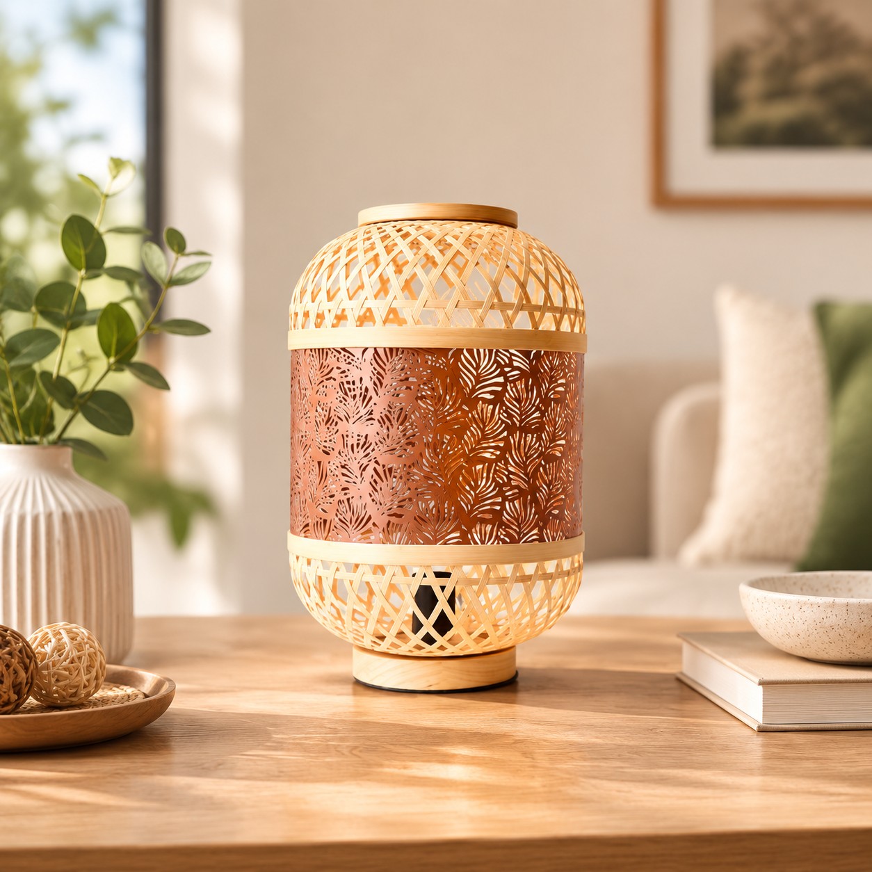 orange woven LED table lamp in a cozy living room scene