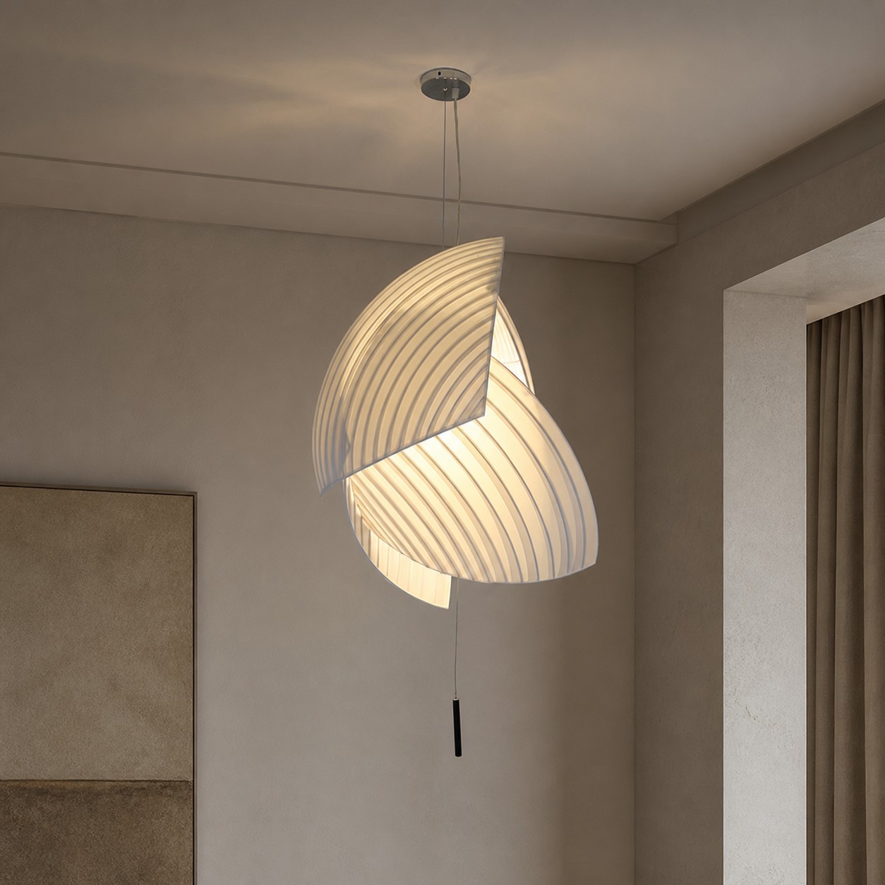 Pleated fabric pendant light installed in a room