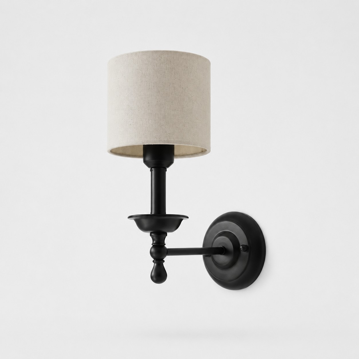 Conical shade wall sconce with wrought iron lamp stand in dove gray shade