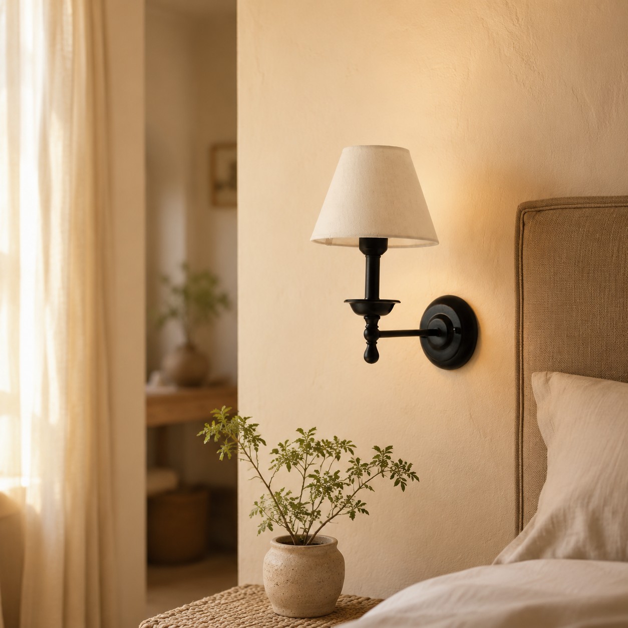 Vintage fabric shade wall sconce installed beside a bed