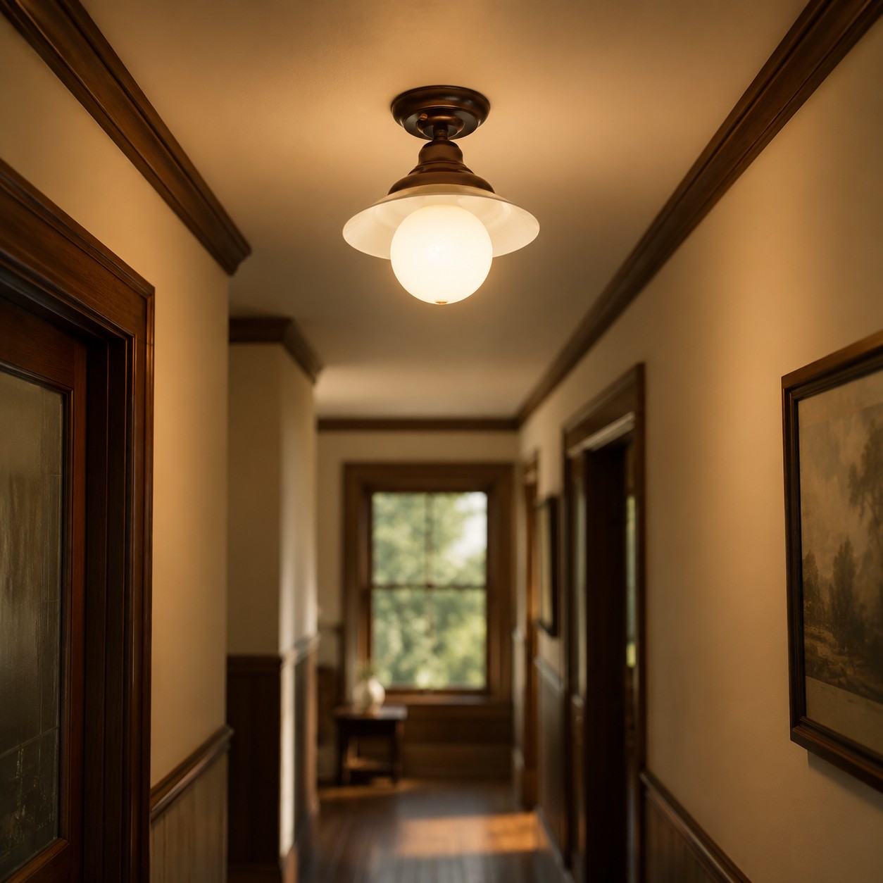 Chestnut brown ceiling light in a hallway
