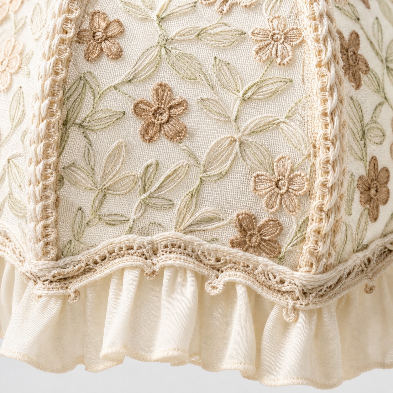 Gathered ruffle and embroidered fabric detail