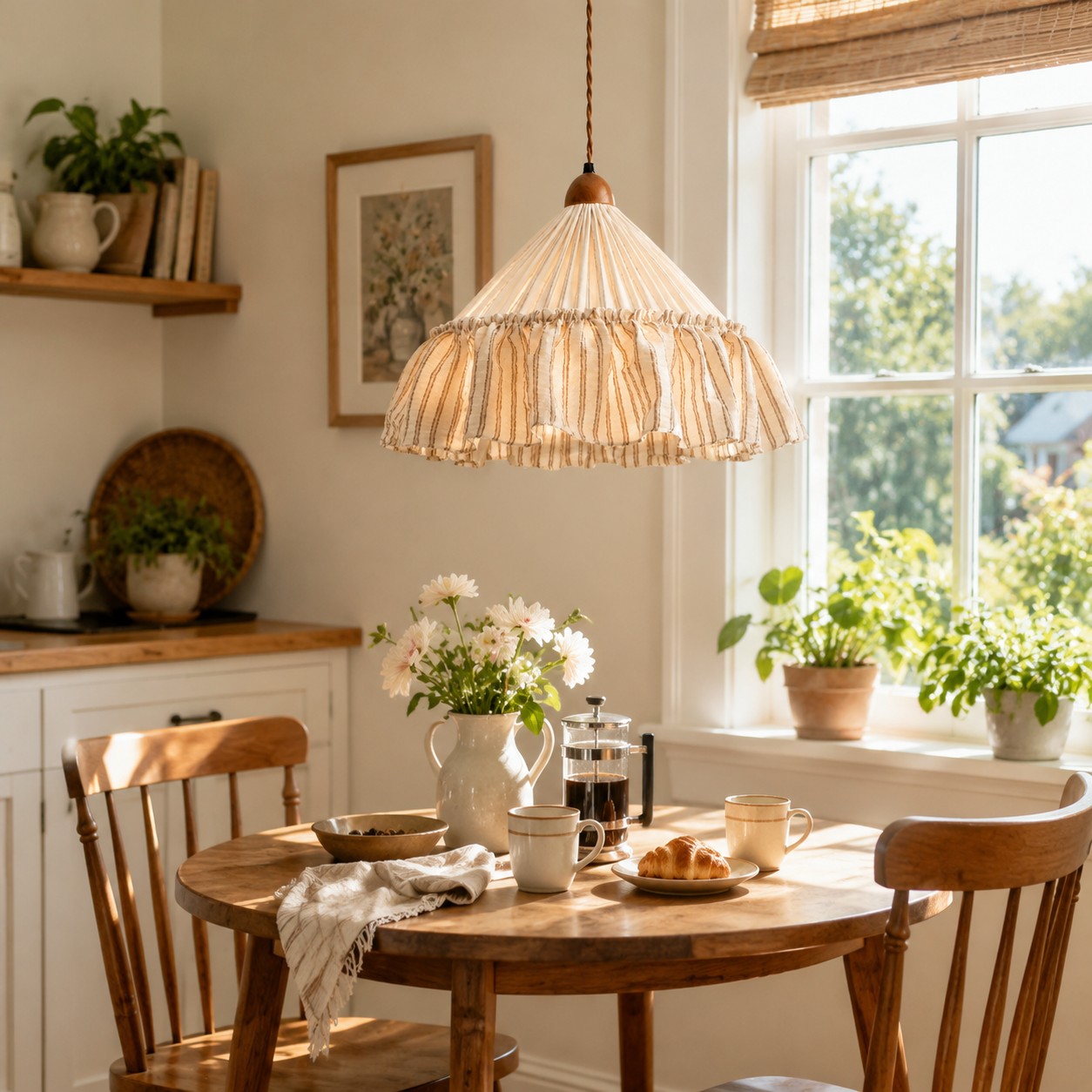 Ruffled fabric pendant in a bright reading corner