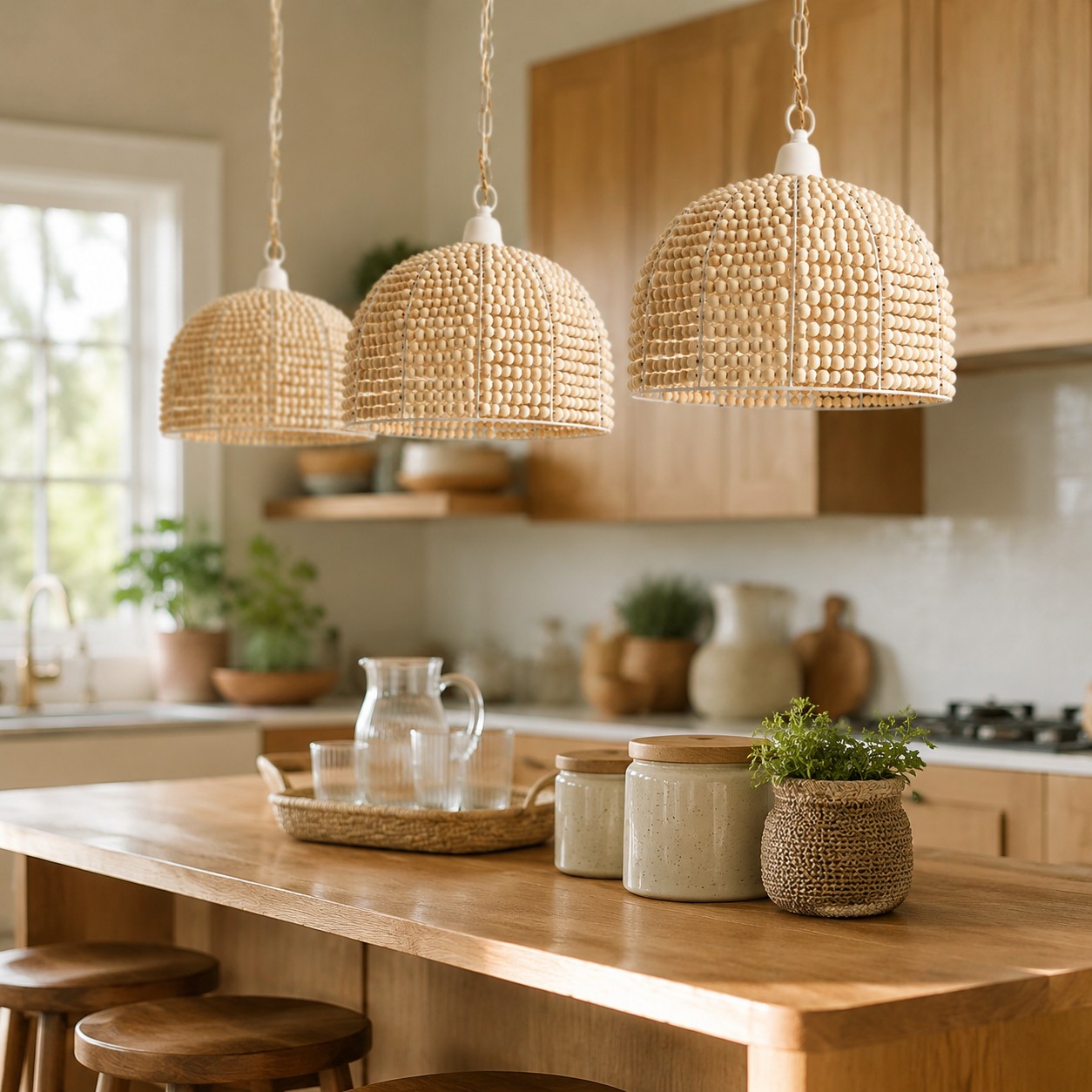 Natural wood bead pendant light above a kitchen island